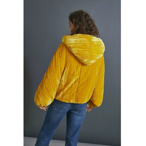 OOF WEAR Womens Velvet Puffer Bomber Jacket Sunflower Golden Yellow Anthro - Picture 4 of 13